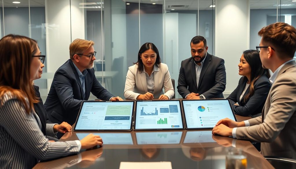 Führungskräfte aus Unternehmen, die mit einem Opsio-Sicherheitsberater Berichte zur Überwachung der Cybersicherheit prüfen Führungskräfte aus Unternehmen, die mit einem Opsio-Sicherheitsberater Berichte zur Überwachung der Cybersicherheit prüfen