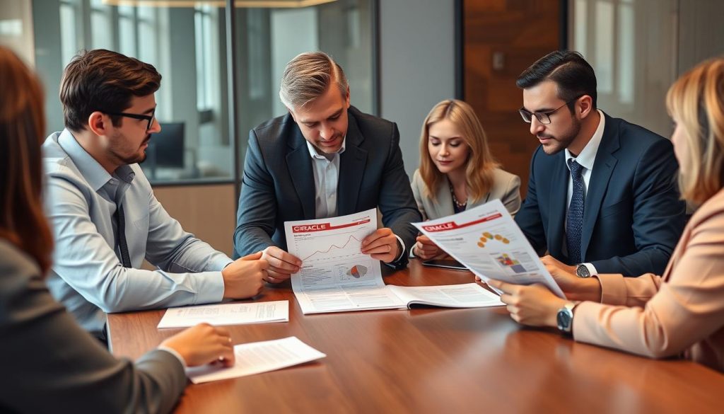 Business leaders reviewing cloud implementation case studies for AWS and Oracle Business leaders reviewing cloud implementation case studies for AWS and Oracle