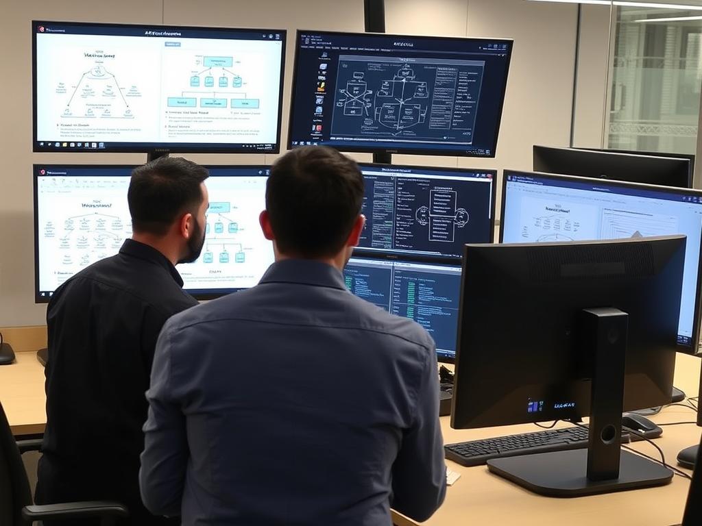 Engineers comparing AWS vs Oracle Cloud technical specifications on multiple screens Engineers comparing AWS vs Oracle Cloud technical specifications on multiple screens