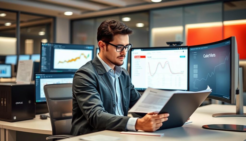 IT-profesjonell som analyserer Oracle-lisensdokumentasjon på en dataskjerm med AWS-konsollen åpen