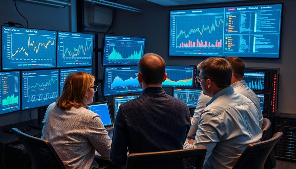 IT team analyzing cloud performance metrics for AWS vs Oracle IT team analyzing cloud performance metrics for AWS vs Oracle