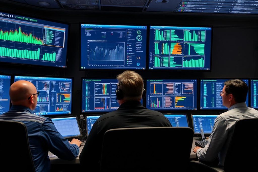 Operations team monitoring cloud performance in a network operations center Operations team monitoring cloud performance in a network operations center