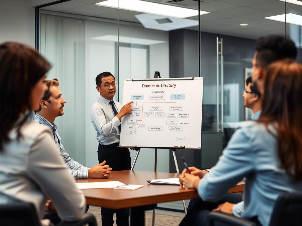 Opsio consultant explaining disaster recovery strategy to client team