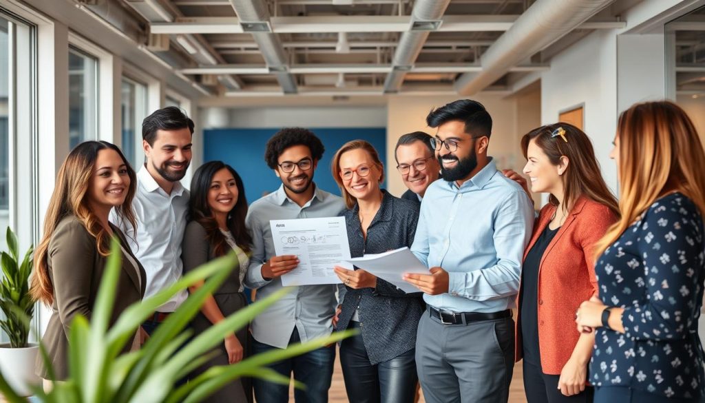 Opsio team celebrating successful cloud implementation with clients Opsio team celebrating successful cloud implementation with clients