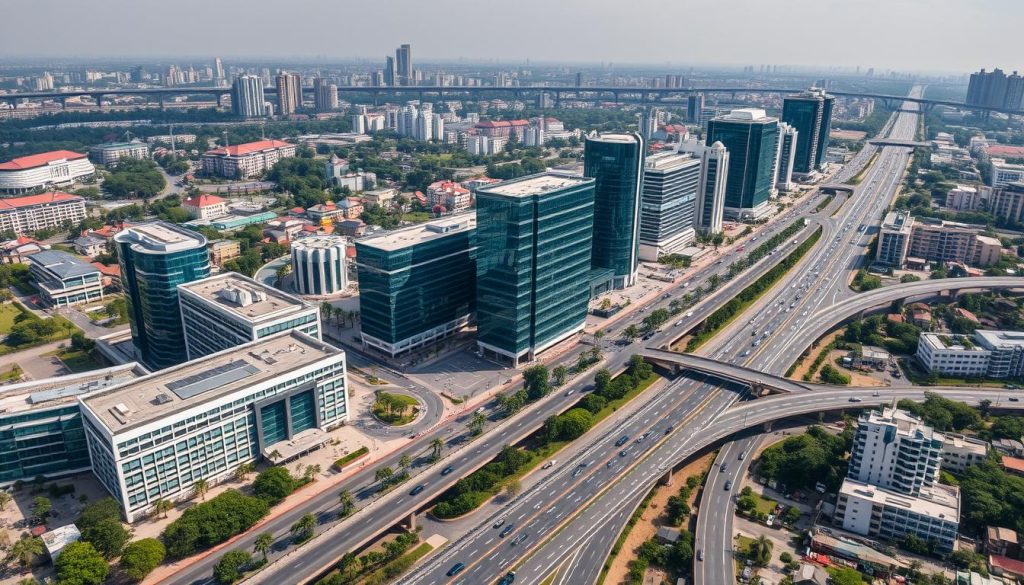 Aerial view of Bangalore's tech corridor with IT campuses and infrastructure