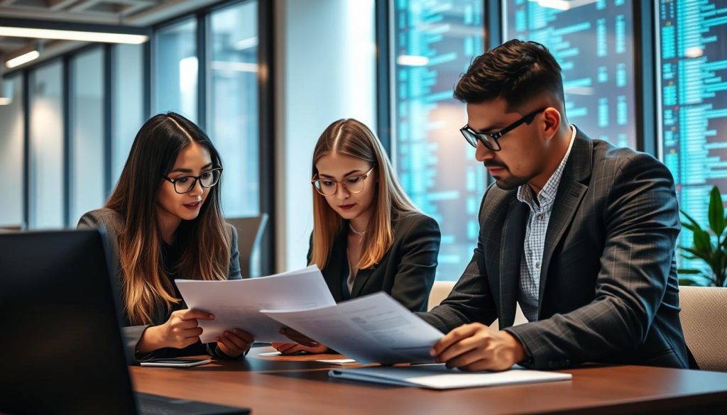 Cybersecurity professionals analyzing security posture in a meeting room