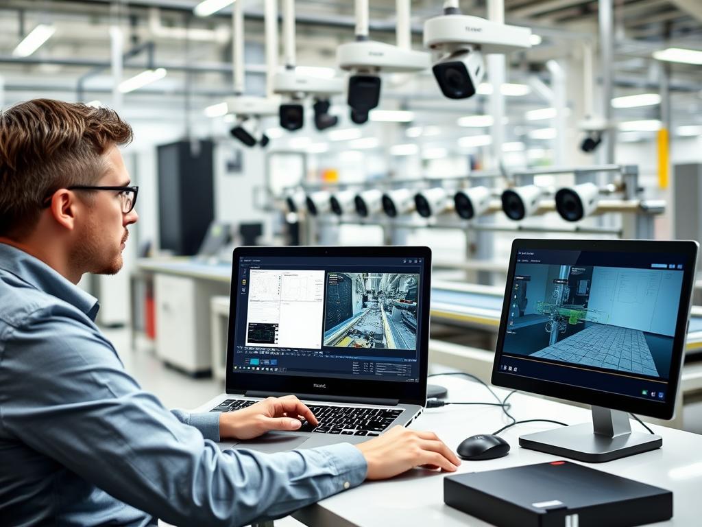 Engineer configuring a real-time visual inspection system in a manufacturing facility