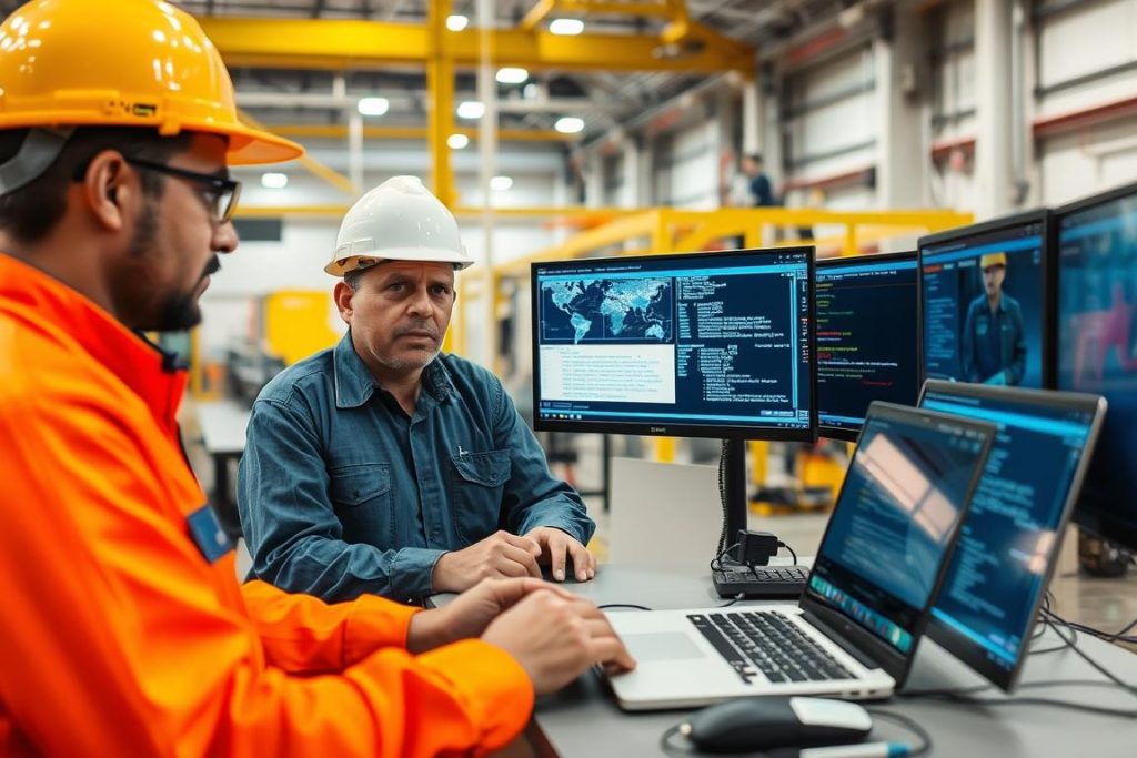 Engineers troubleshooting security issues in a visual inspection system deployment Engineers troubleshooting security issues in a visual inspection system deployment