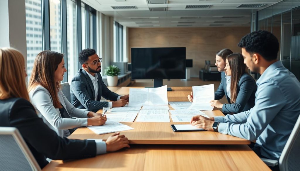 IT professionals discussing cloud security compliance frameworks in a modern office setting