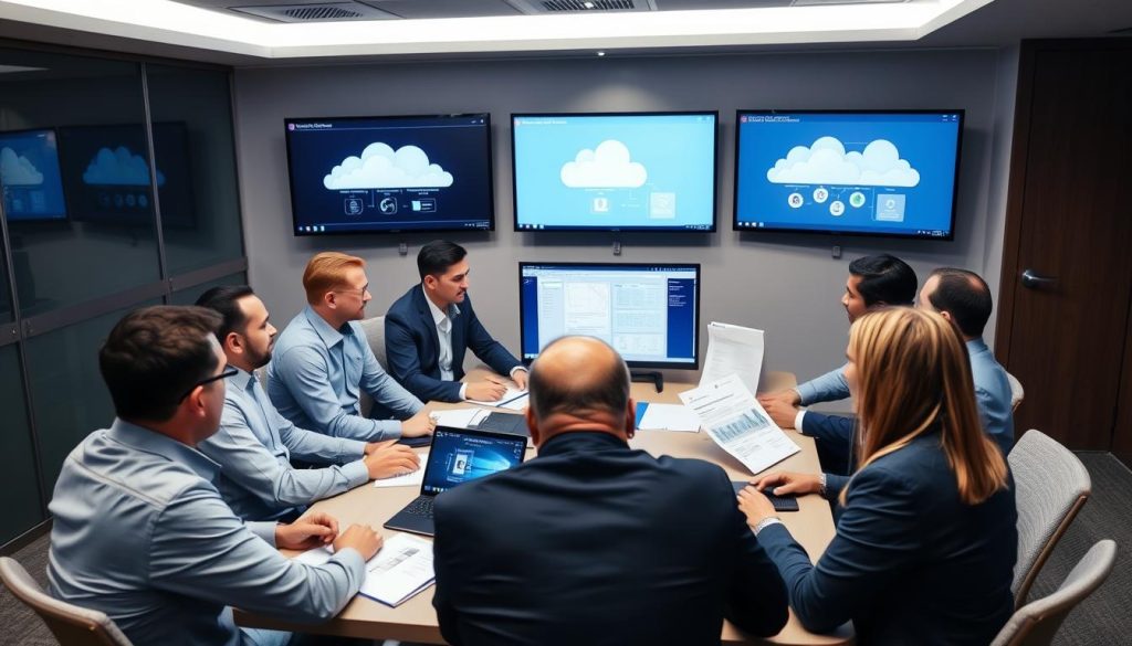 IT professionals evaluating multi-cloud security solutions in a modern office environment