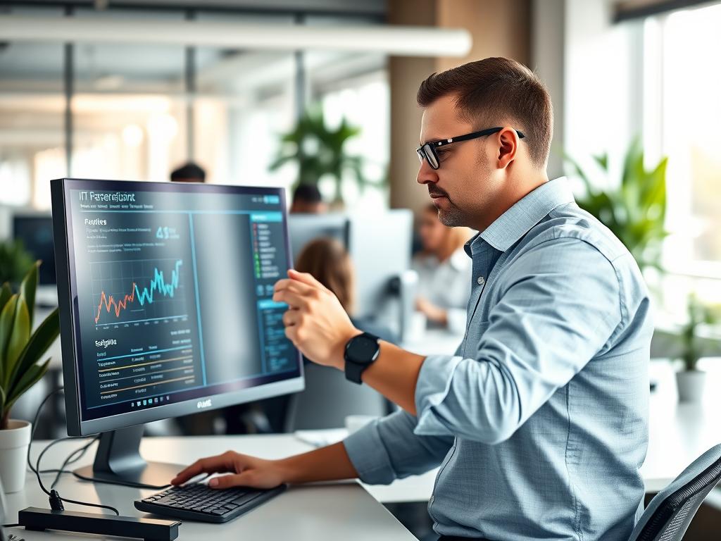 IT-specialist som analyserar prediktiva data i kontorsmiljö