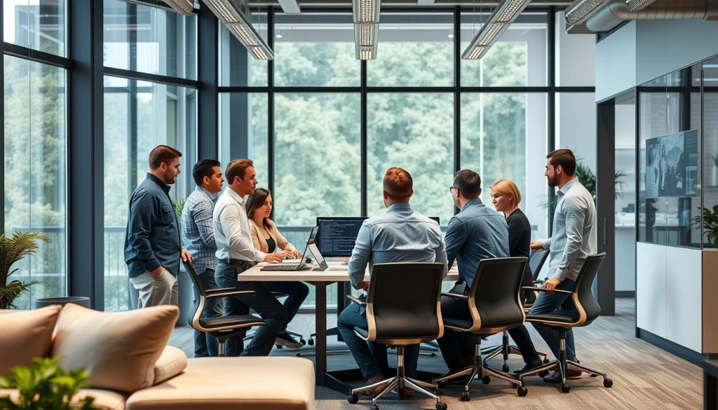 IT-team arbetar med molnbaserade Kubernetes-lösningar i kontorsmiljö