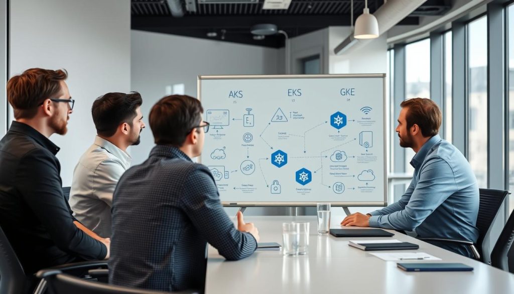 Kontorsarbetare som diskuterar AKS vs EKS vs GKE på ett möte