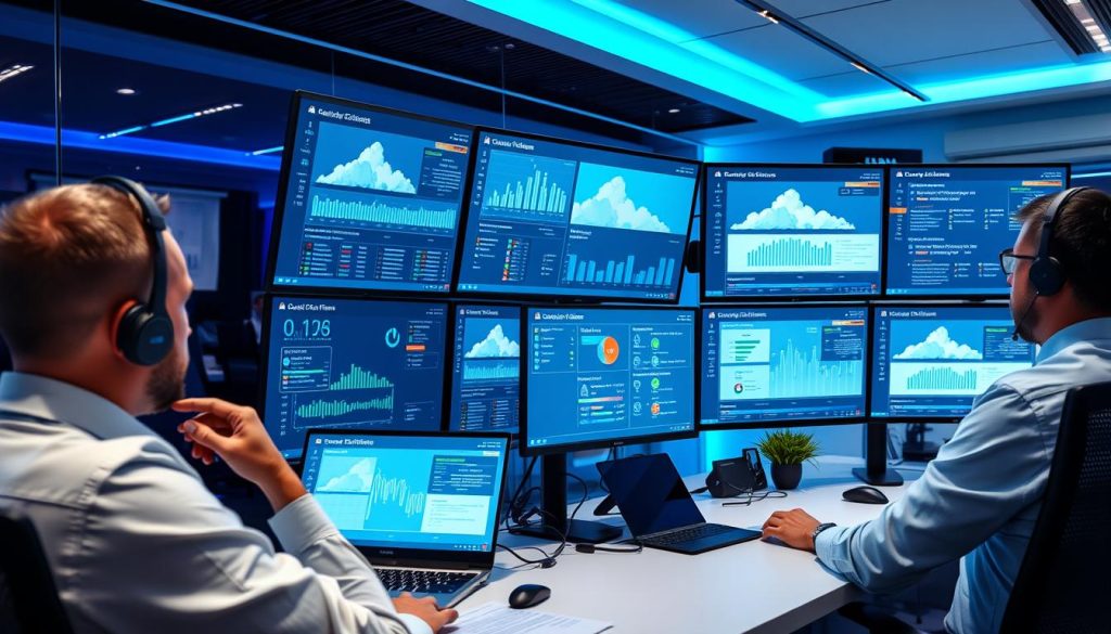 Profesjonelle IT-eksperter som overvåker Managed Azure-miljø i et moderne kontorlandskap Profesjonelle IT-eksperter som overvåker Managed Azure-miljø i et moderne kontorlandskap