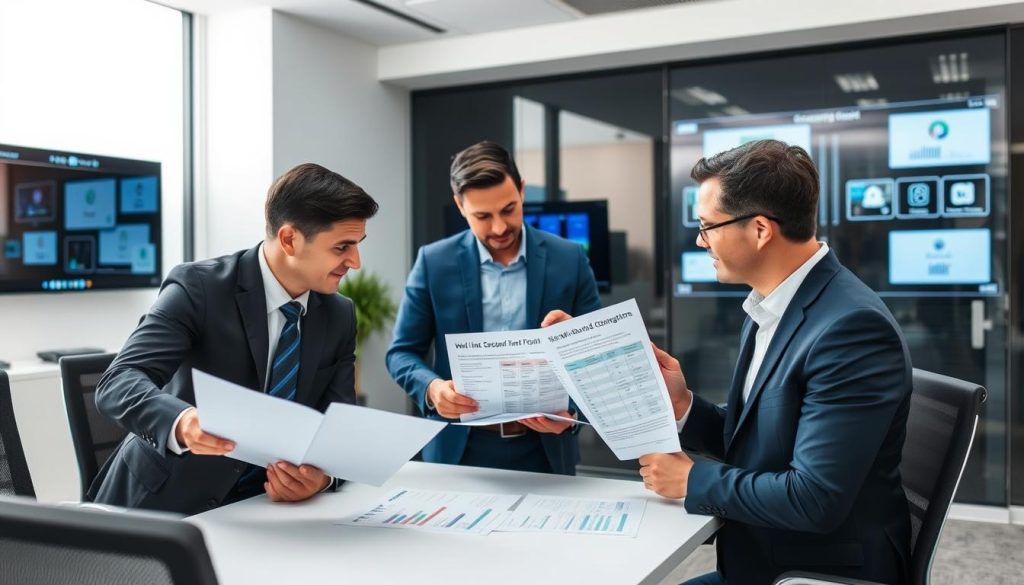 Professionals comparing different multi-cloud security solutions evaluation options