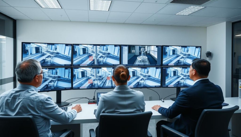 Real-time monitoring system for visual inspection showing multiple camera feeds in a manufacturing environment