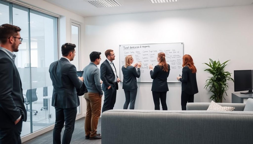 Security team collaborating on threat detection and response in an office environment