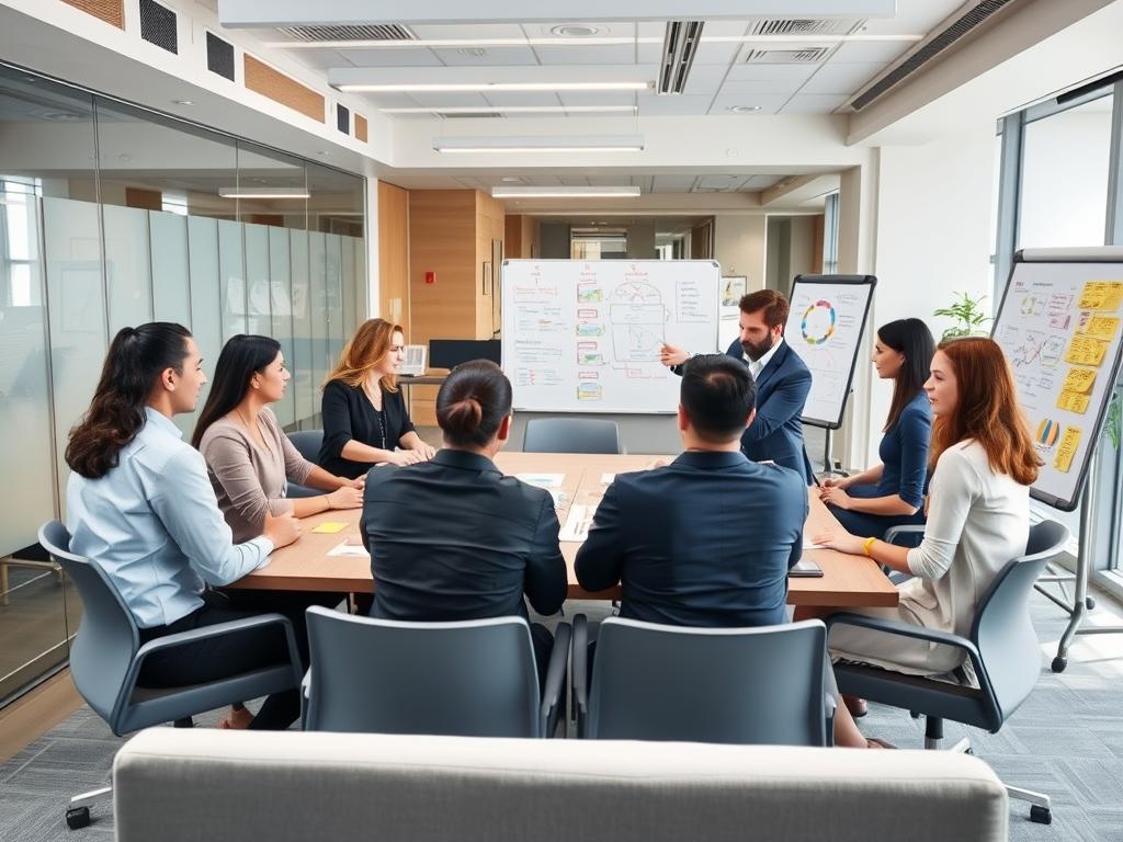 Security team in a continuous improvement workshop in an office environment