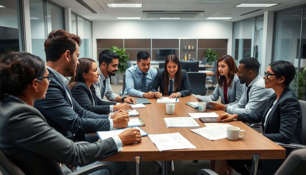 Security team reviewing cloud security improvement plans in an office environment