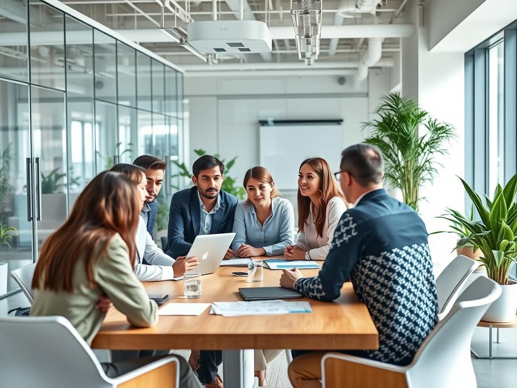Team diskuterar Azure Kubernetes Service i modern kontorsmiljö