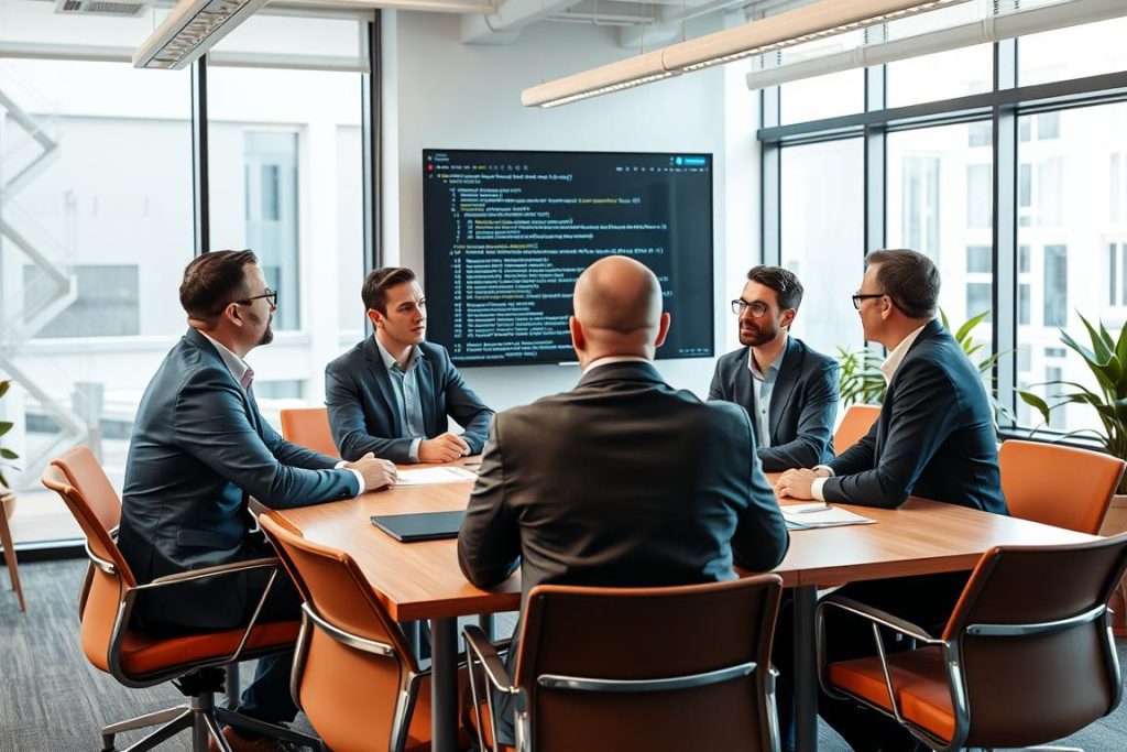 Team som diskuterar GitOps-verktyg i kontorsmiljö