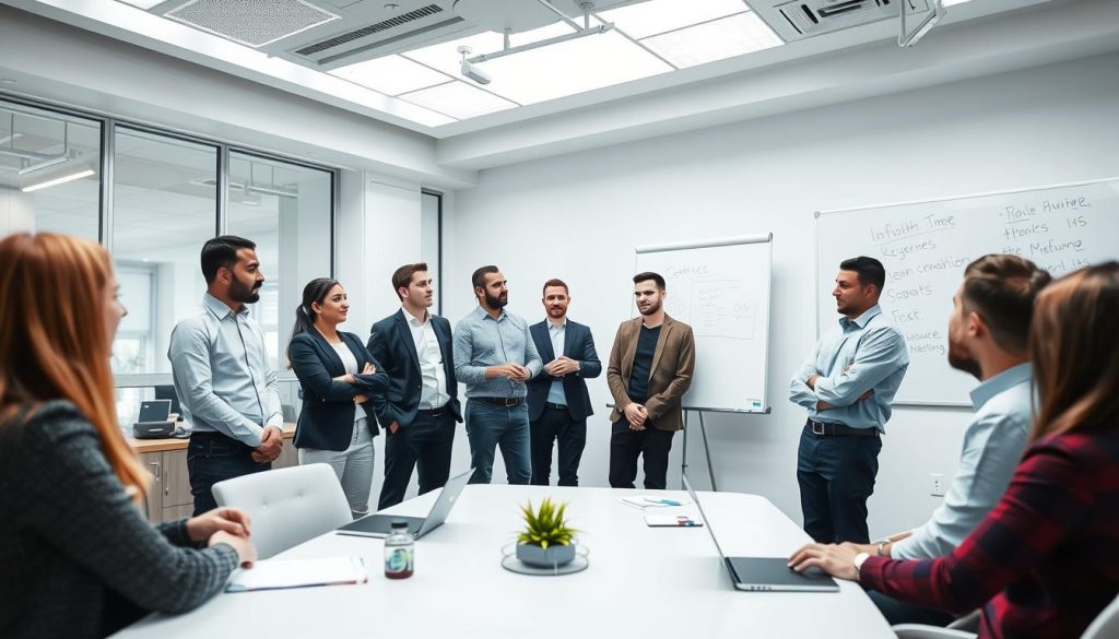 Team som diskuterar Kubernetes-användningsfall i ett mötesrum