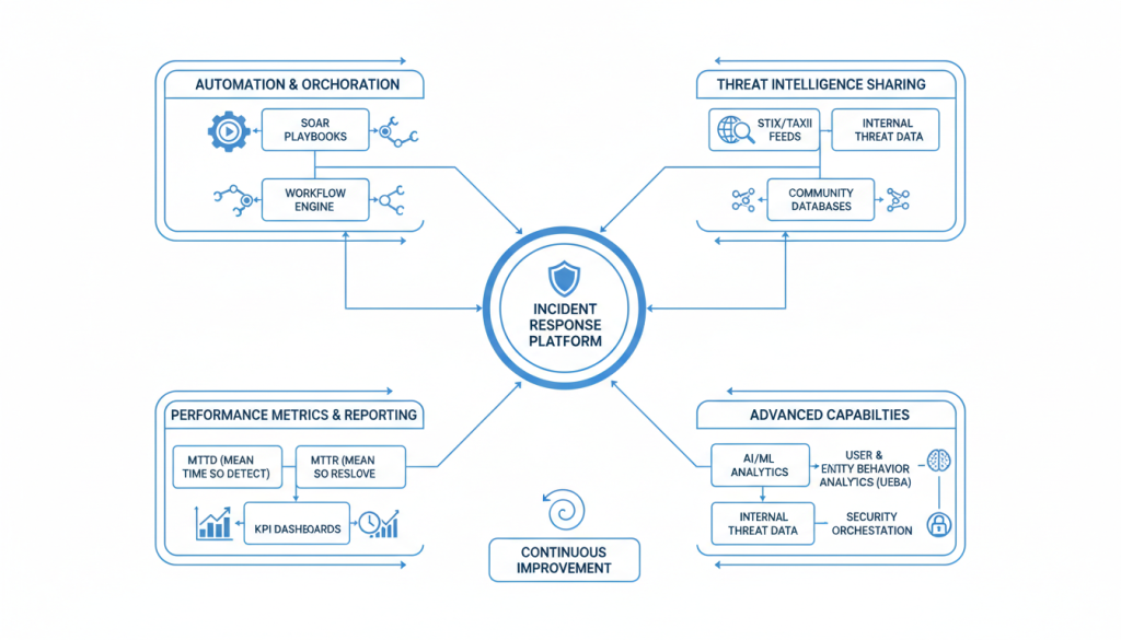 Advanced incident response capabilities showing automation, intelligence sharing, and metrics