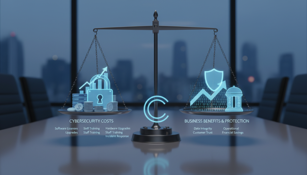 Balance scale showing cybersecurity costs on one side and business benefits on the other