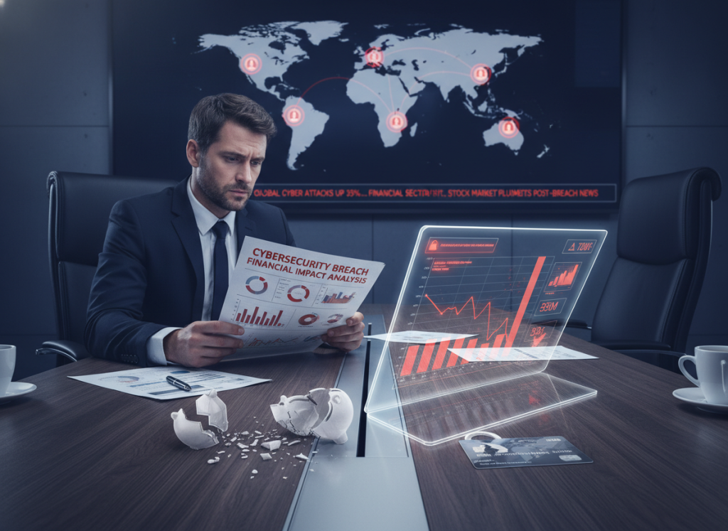 Business executive reviewing data breach cost report with financial impact statistics