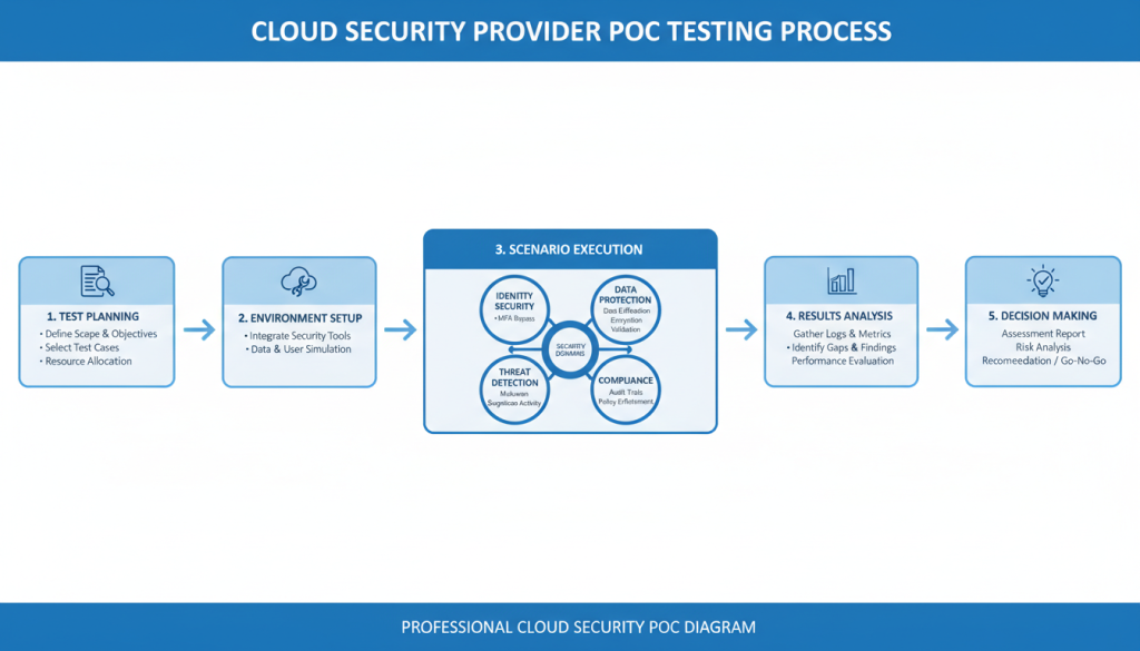 Cloud security provider proof of concept testing process showing key validation scenarios