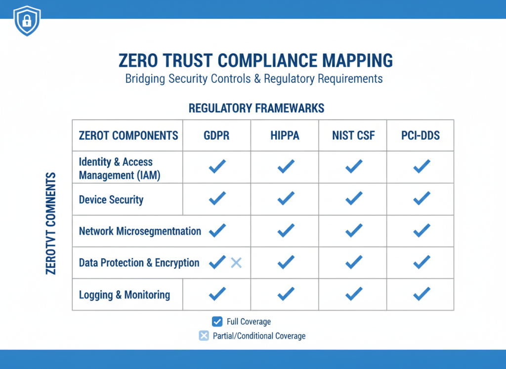Compliance mapping showing how zero trust controls satisfy various regulatory frameworks