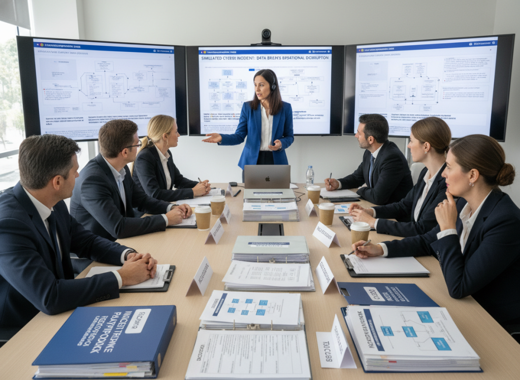 Cross-functional team conducting NIS2 incident response tabletop exercise