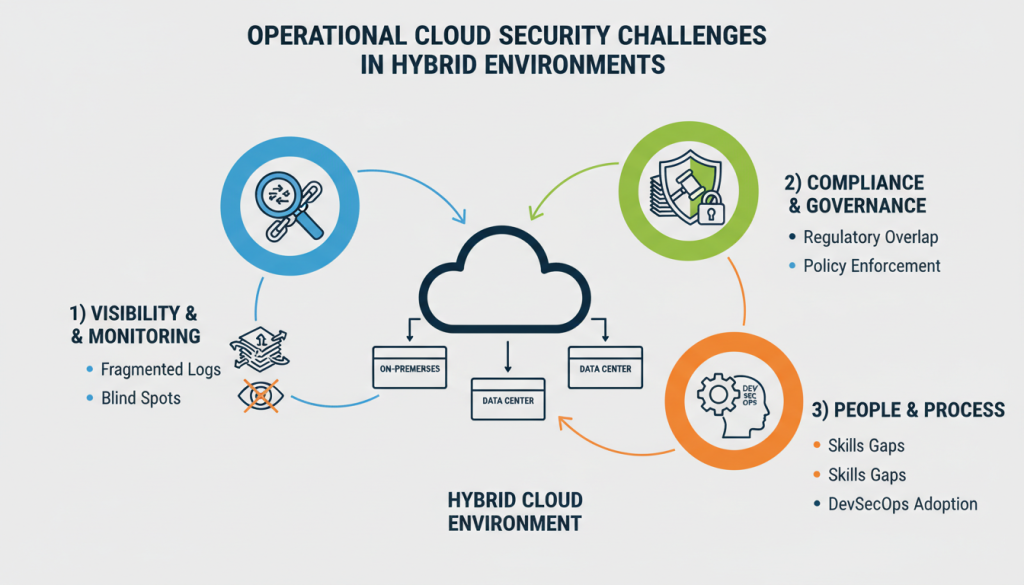 Diagram showing operational cloud security challenges in hybrid environments