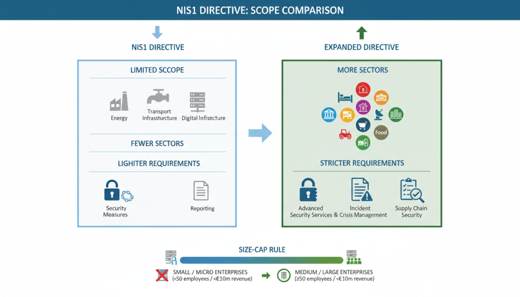 Diagram showing the expanded scope of NIS2 compared to the original NIS Directive