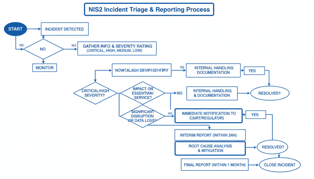 Incident triage workflow with NIS2 reporting decision points