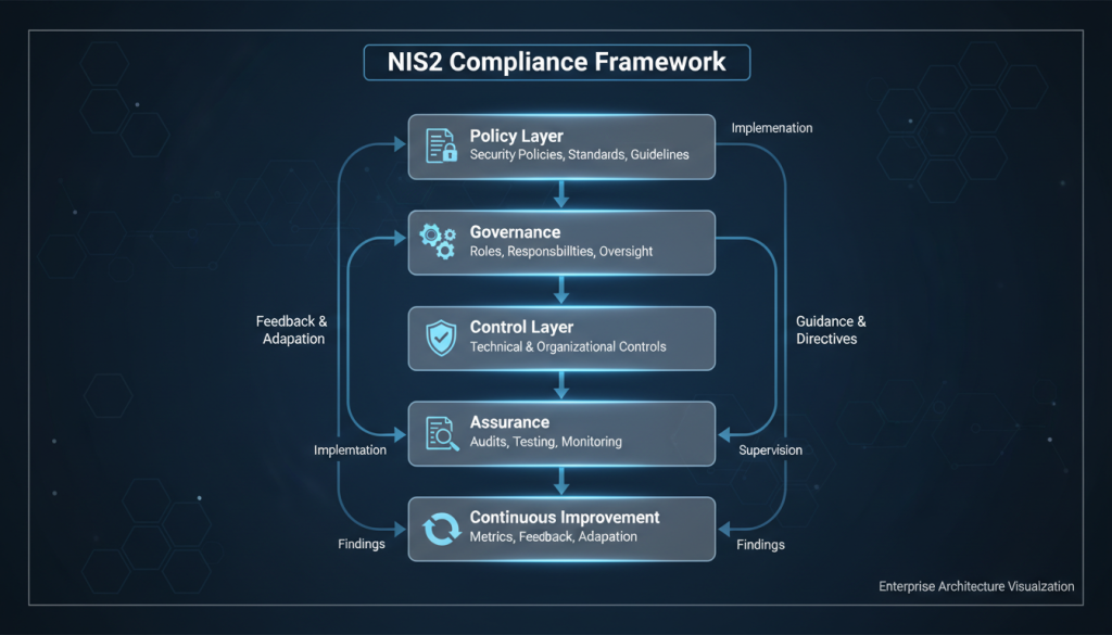 Layered NIS2 compliance framework showing policy, governance, control, and assurance layers
