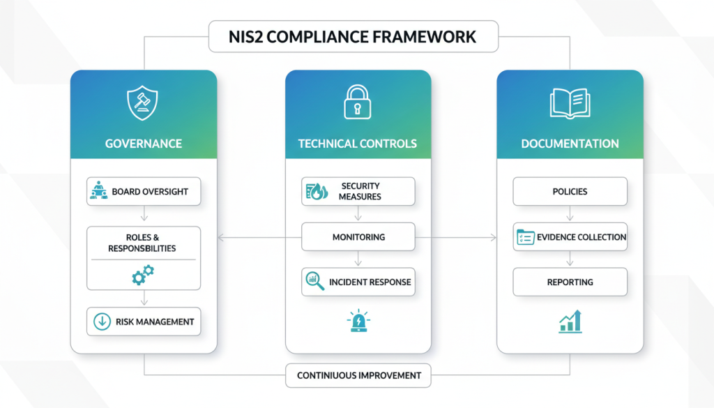 NIS2 compliance framework diagram showing governance, technical controls, and documentation components