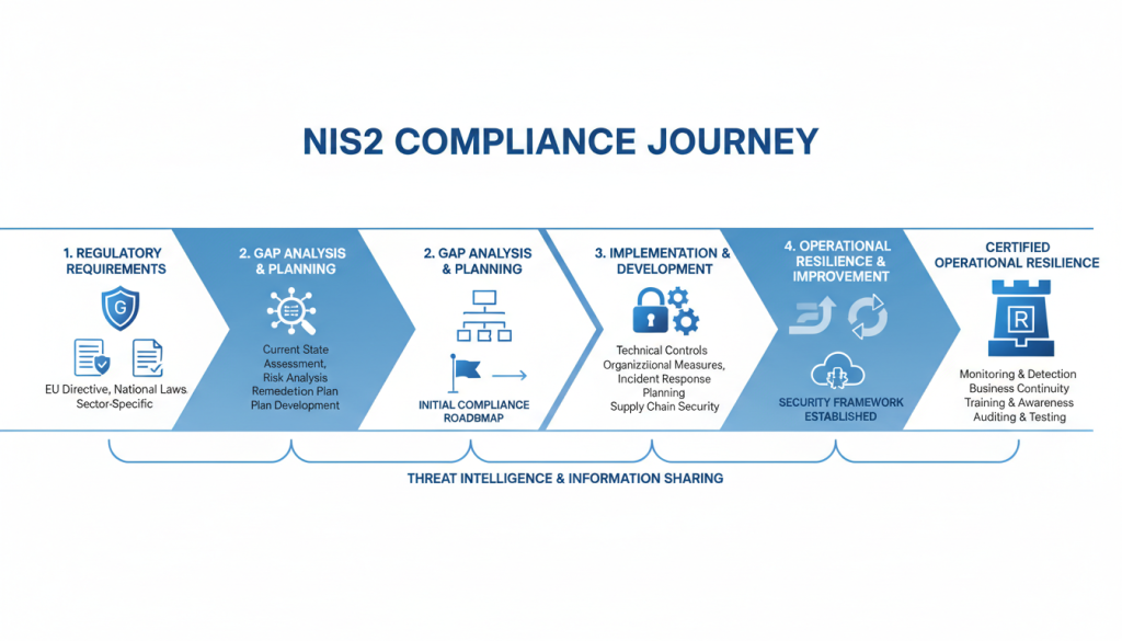 NIS2 compliance journey showing the path from requirements to operational resilience