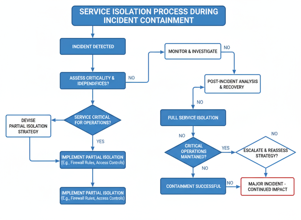 Service isolation workflow showing containment actions