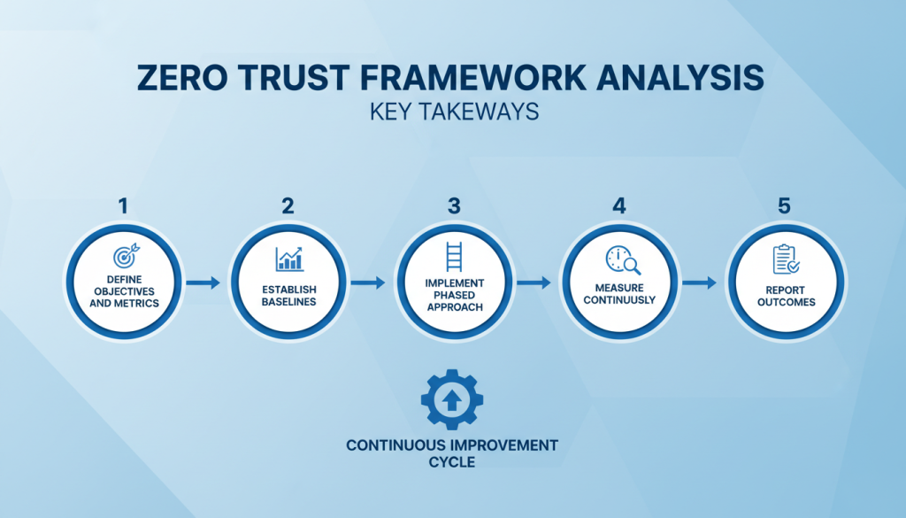 Summary infographic of zero trust framework analysis process and key metrics