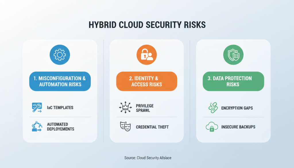 Visualization of hybrid cloud security risks showing misconfiguration, identity, and data protection risks