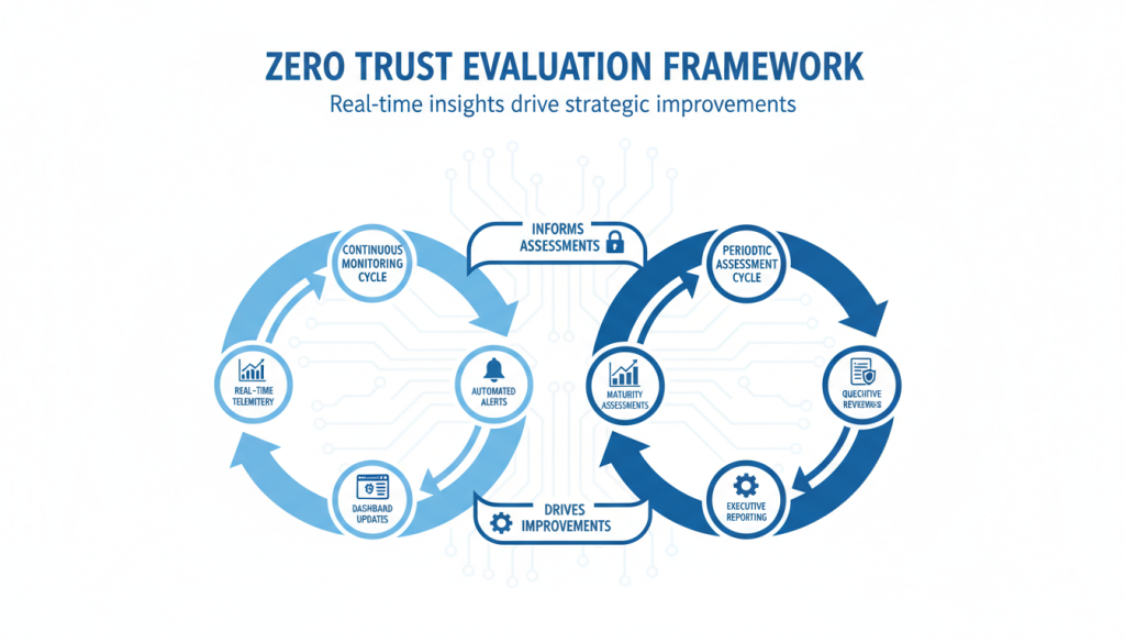 Zero trust evaluation framework showing continuous monitoring and periodic assessment cycles