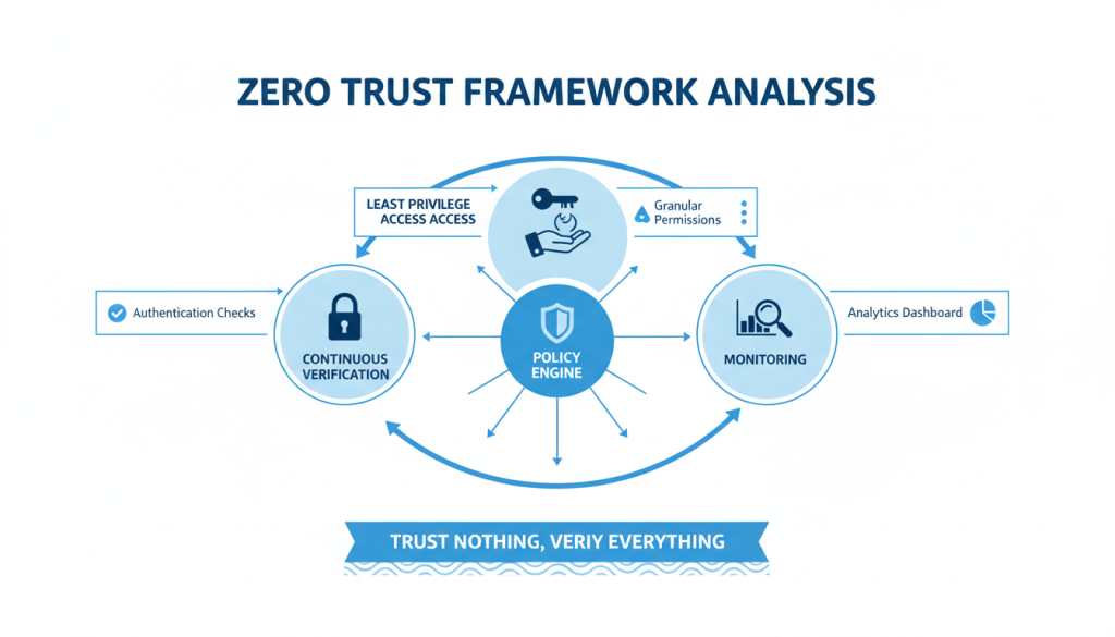 Zero trust framework analysis diagram showing the core components of verification, least privilege, and continuous monitoring