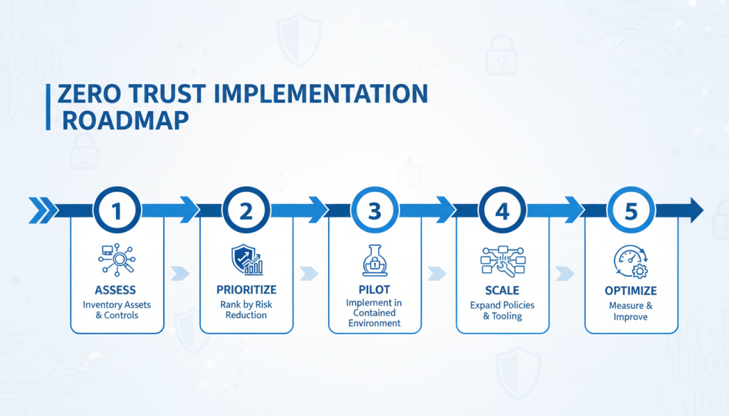 Zero trust implementation roadmap showing five phases from assessment to optimization